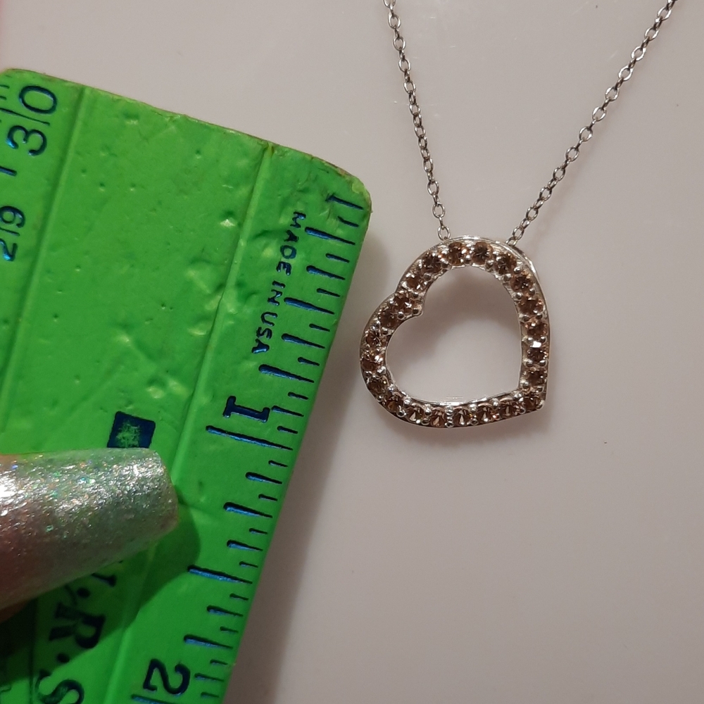 Solid Sterling Silver CHAMPAGNE CZ Heart Pendant & Chain 16.5" ♥️🎁
